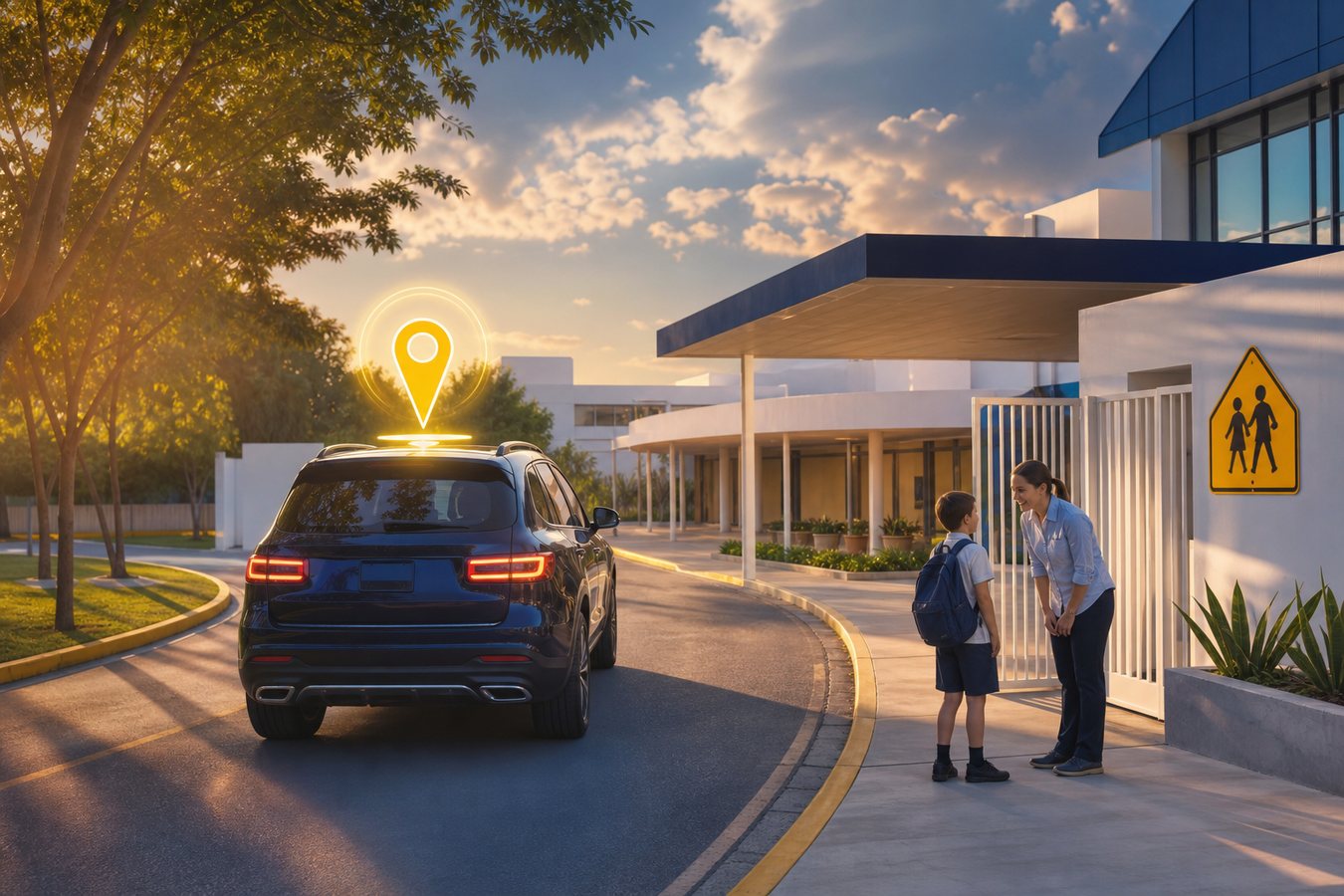 Auto de papá acercándose al colegio con geolocalización
